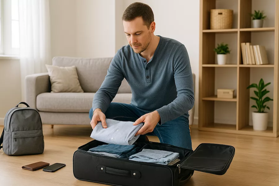 “Person packar väska i lägenhet inför veckopendling – symboliserar pendlande veckoboende med fokus på ordning, planering och effektiv packning mellan hem och arbete”