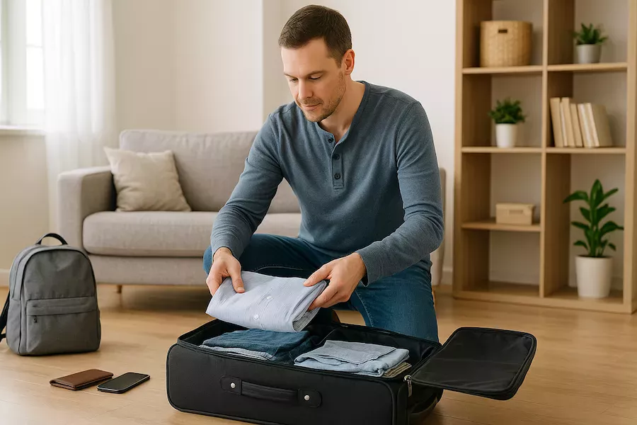 “Person packar väska i lägenhet inför veckopendling – symboliserar pendlande veckoboende med fokus på ordning, planering och effektiv packning mellan hem och arbete”