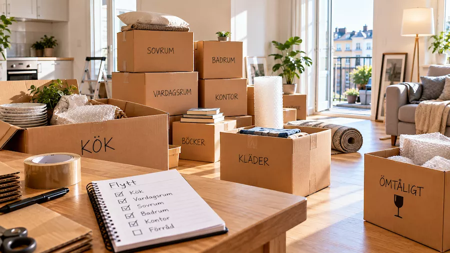Smart organiserade flyttkartonger märkta med kök, sovrum, vardagsrum och andra rum i en ljus lägenhet med packmaterial, bubbelplast och checklista inför flytt.
